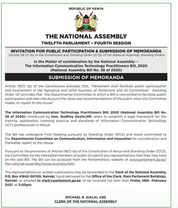 ICT Practitioners Bill, call for comments/submissions to the National Assembly