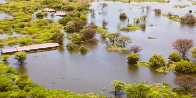 Houses submerged due to the rising waters of Lake Baringo in the Great Rift Valley due to the effects of climate Change.