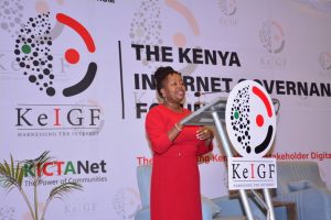 Dr. Grace Githaiga, CEO of KICTANet, speaking at the 17th Kenya Internet Governance Forum on August 1, 2024.