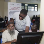 Kenya Society for the Blind at the Okame Technical and Vocational College in Busia County training basic computer navigation for persons with disabilities under the Digital Access Programme.