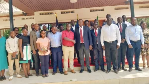 Busia County Governor Dr. Paul Nyongesa Otuoma and UK-AID's Mr Charles Juma (UK-Digital Access Program Country Lead and Advisor)  shake hands during a courtesy visit to the Governors' office to report on the impact of the Strengthening Digital Communities project in the county.