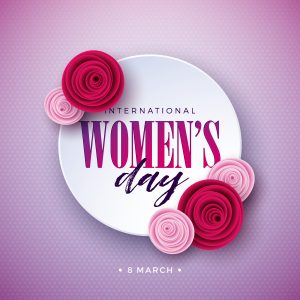 International women's day poster with ligt pink and deep pink flowers on a white circle