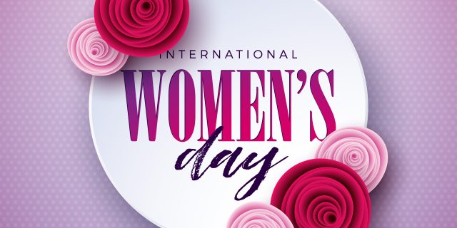 International women's day poster with ligt pink and deep pink flowers on a white circle